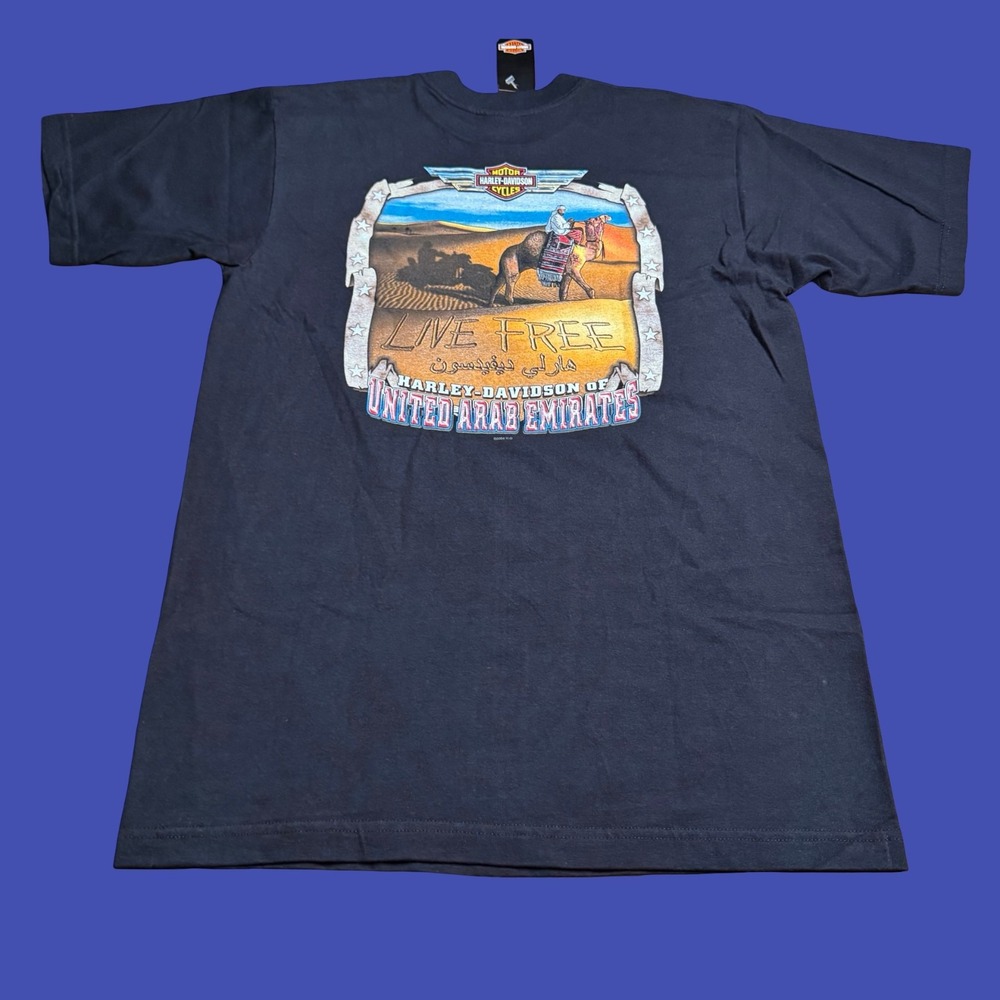 NWT Y2K Harley Davidson United Arab Emirates T Shirt Black Large USA Camel Biker